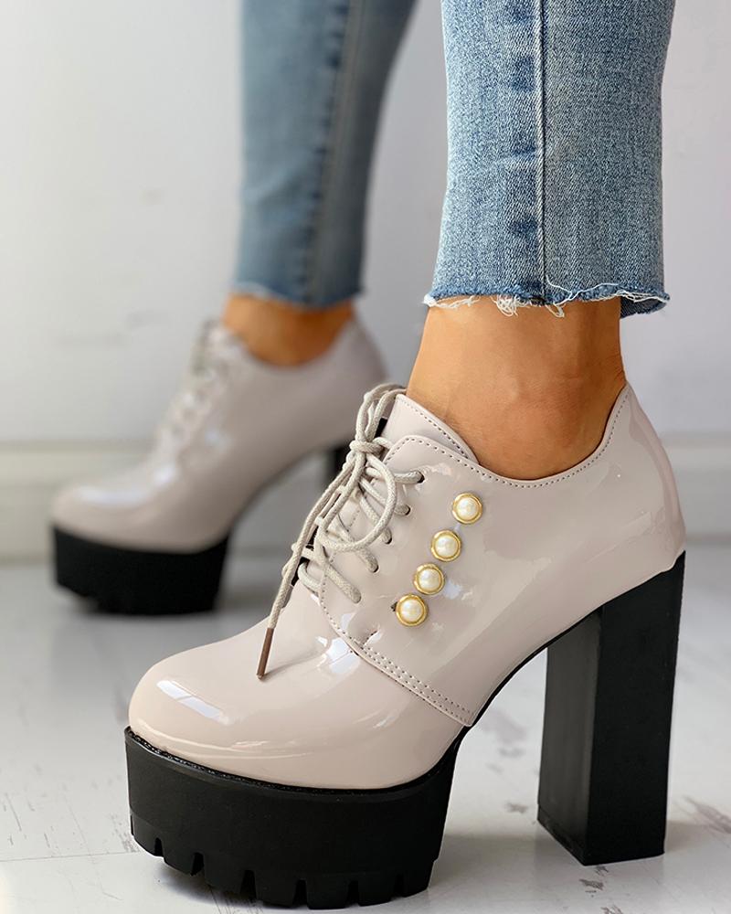 

Solid PU Lace-Up Platform Chunky Heels, Gray