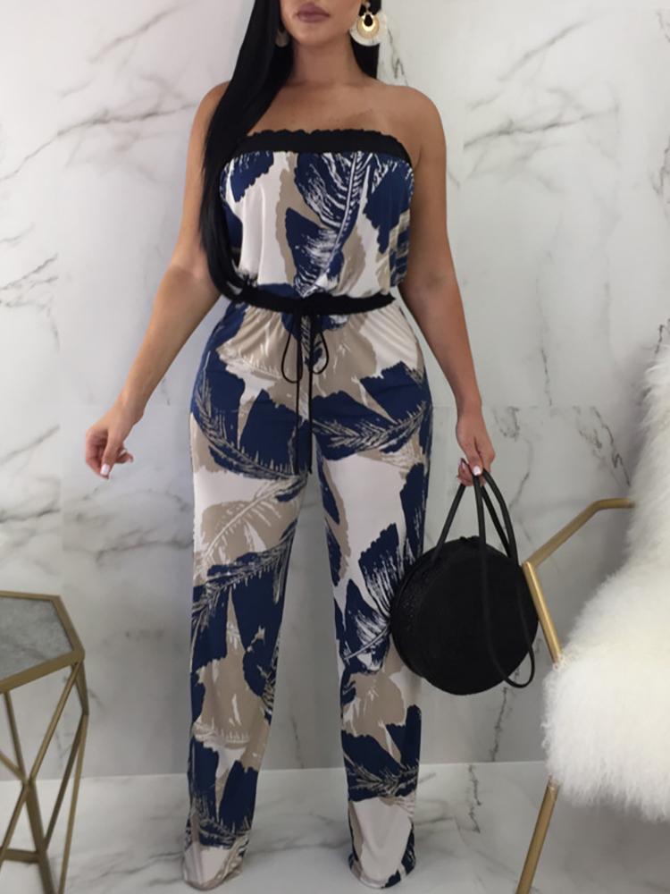

Tropical Print Strapless Drawstring Waist Jumpsuit, Blue