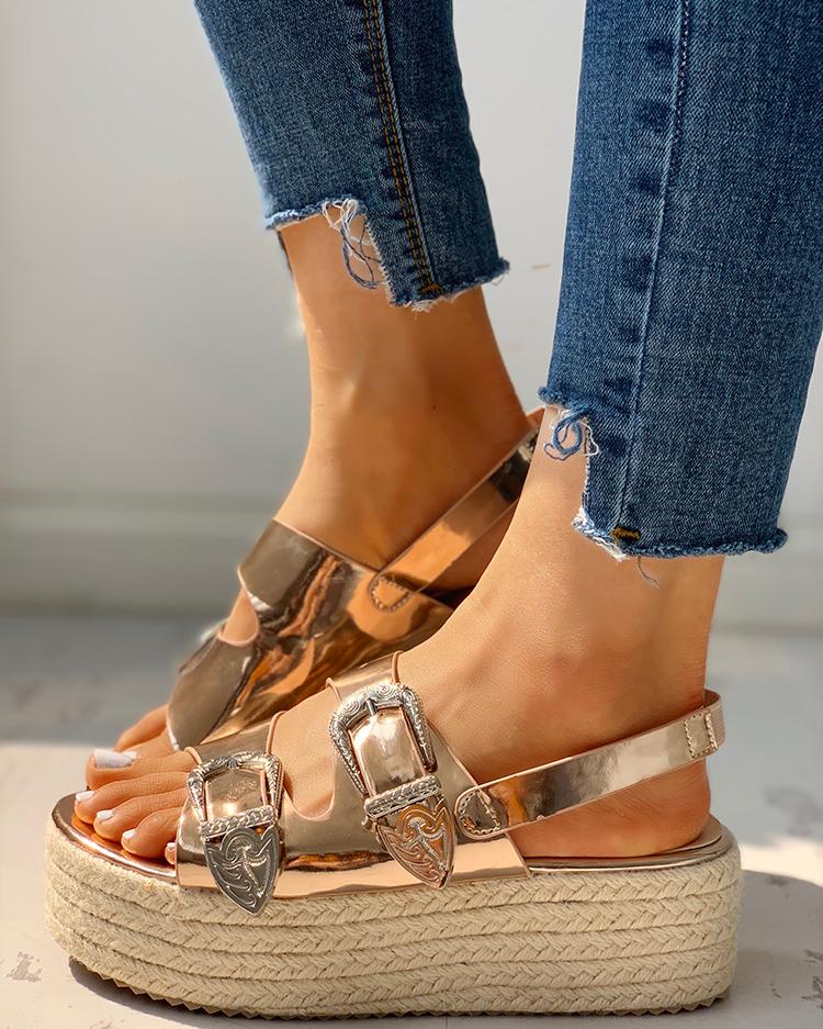 

Buckled Detail Espadrille Platform Sandals, Gold