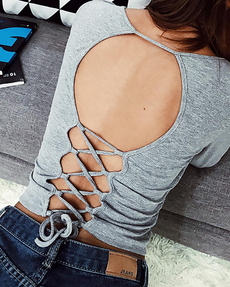 

Plain Lace-up Backless V-Neck Crop Top, Gray