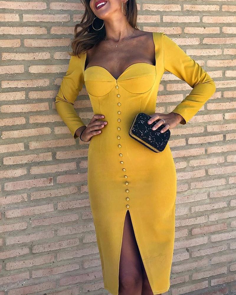 

Buttoned Front Slit Sweetheart Neck Dress, Yellow