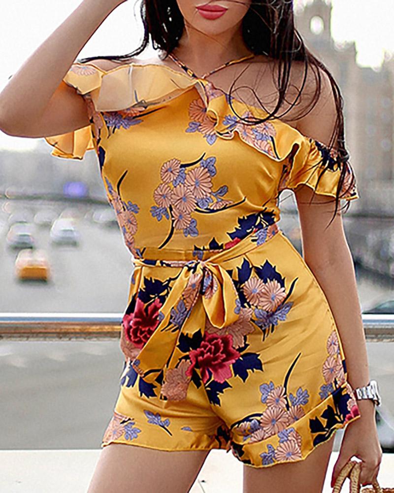 

Floral Print Cold Shoulder Belted Romper, Yellow
