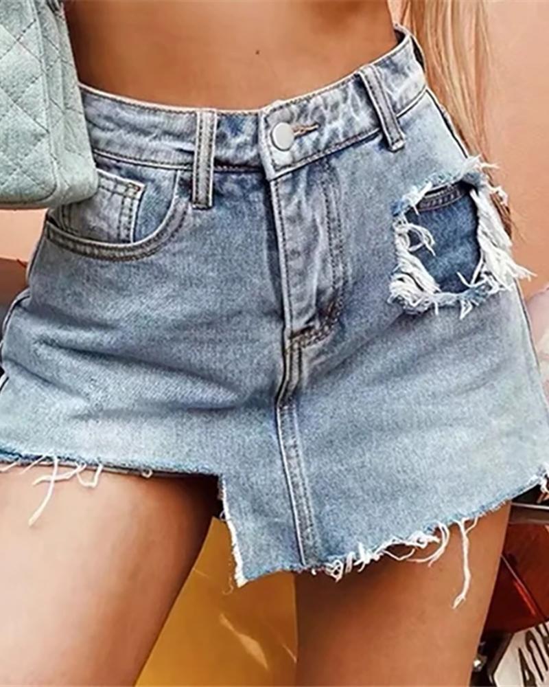 

Ripped Cutout Design Irregular Denim Shorts, Blue