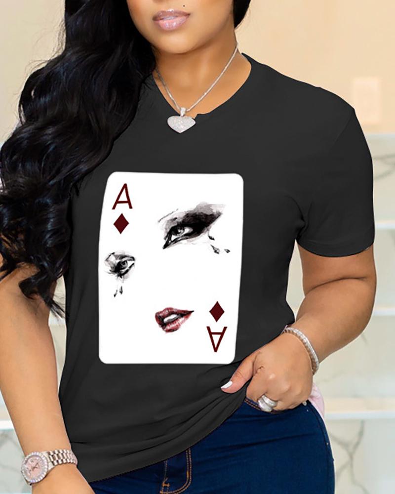 

Poker Figure Print Short Sleeve Casual T-shirt, Black
