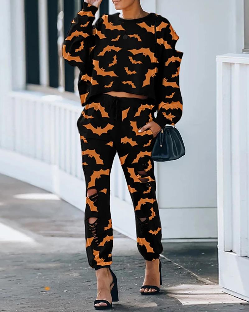 

Halloween Bat Print Top & Pocket Design Pants Set, Black