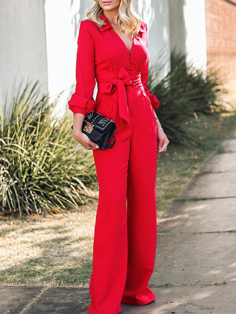

Elegant Button Belted Bishop sleeve Jumpsuit, Red