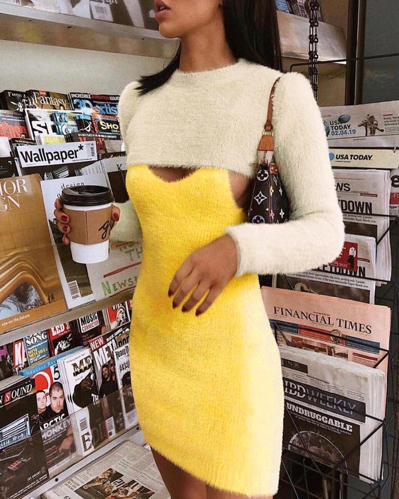 

Fluffy Bodycon Dress & Long Sleeve Top Set, Yellow