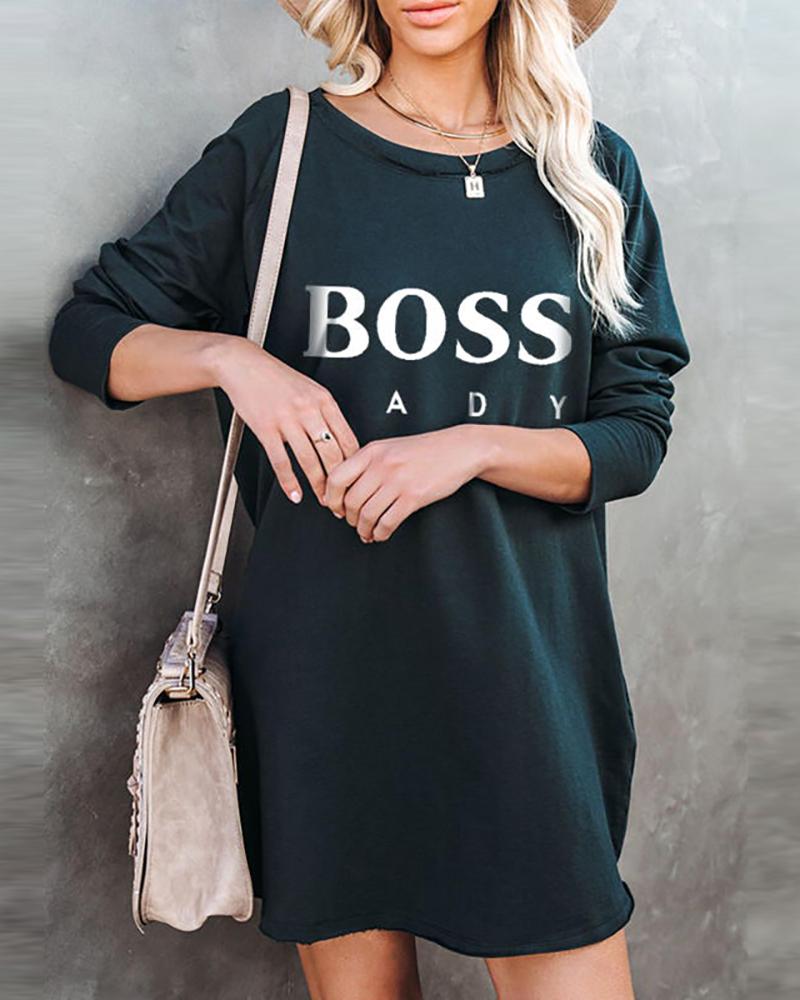 

Letter Print Long Sleeve Casual Dress, Dark green
