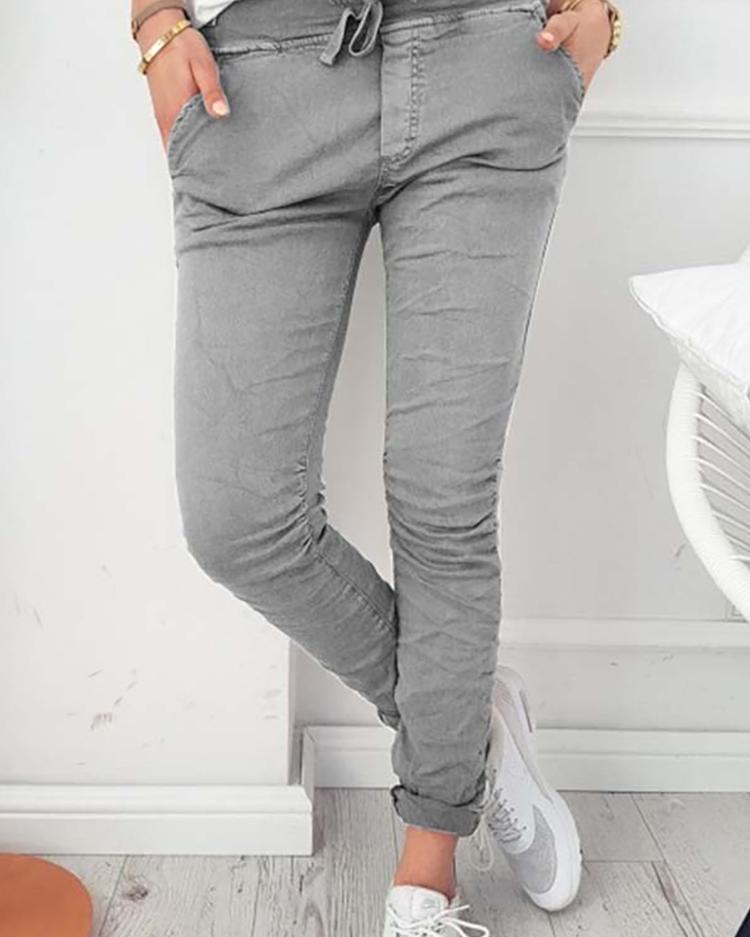 

Stylish Pocket Design Belted Skinny Pants, Gray