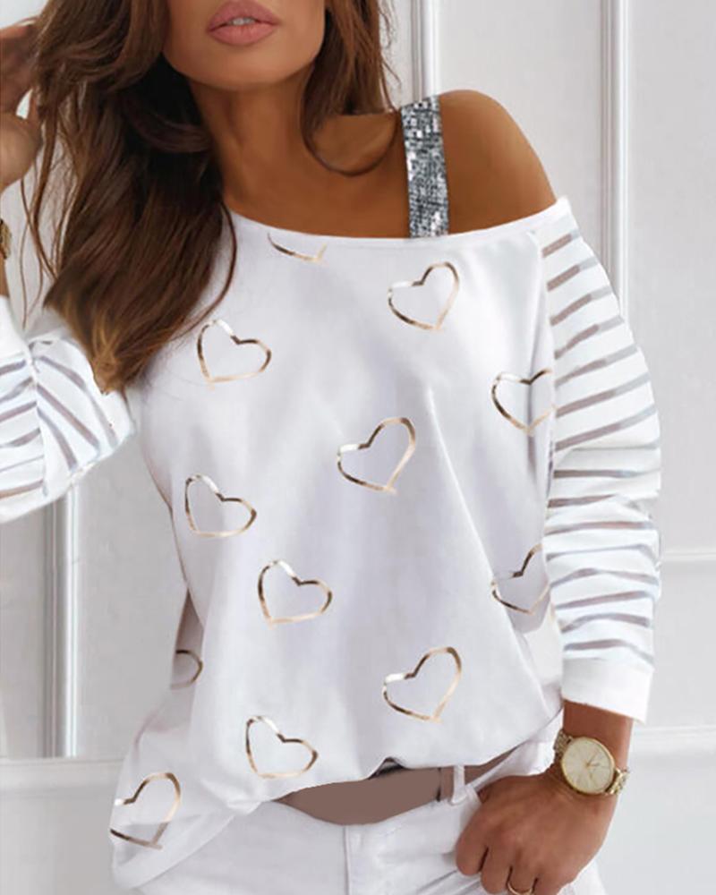 

Cold Shoulder Sheer Mesh Heart Print Sequins Top, White