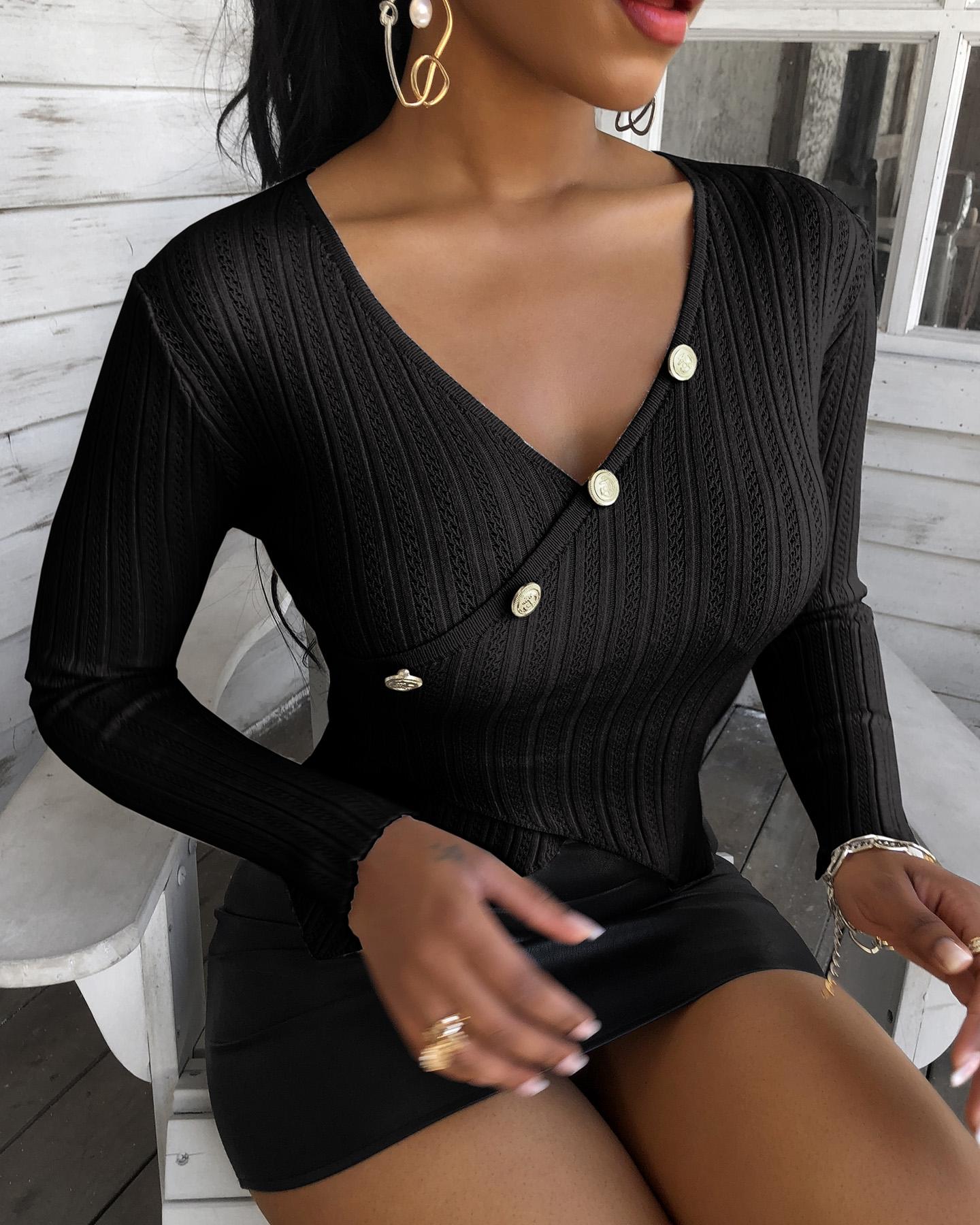 

Button Design Plain Wrap Blouse, Black