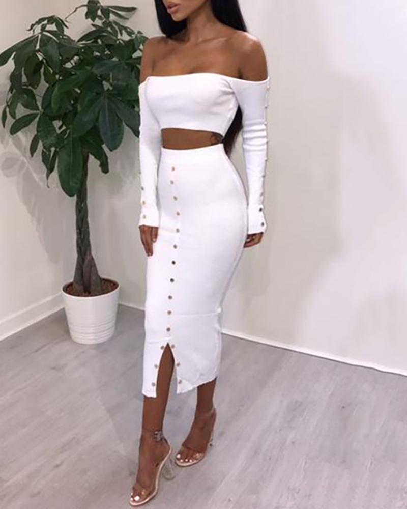 

Ribbed Rivet Embellished Crop Top & Skirt Sets, White