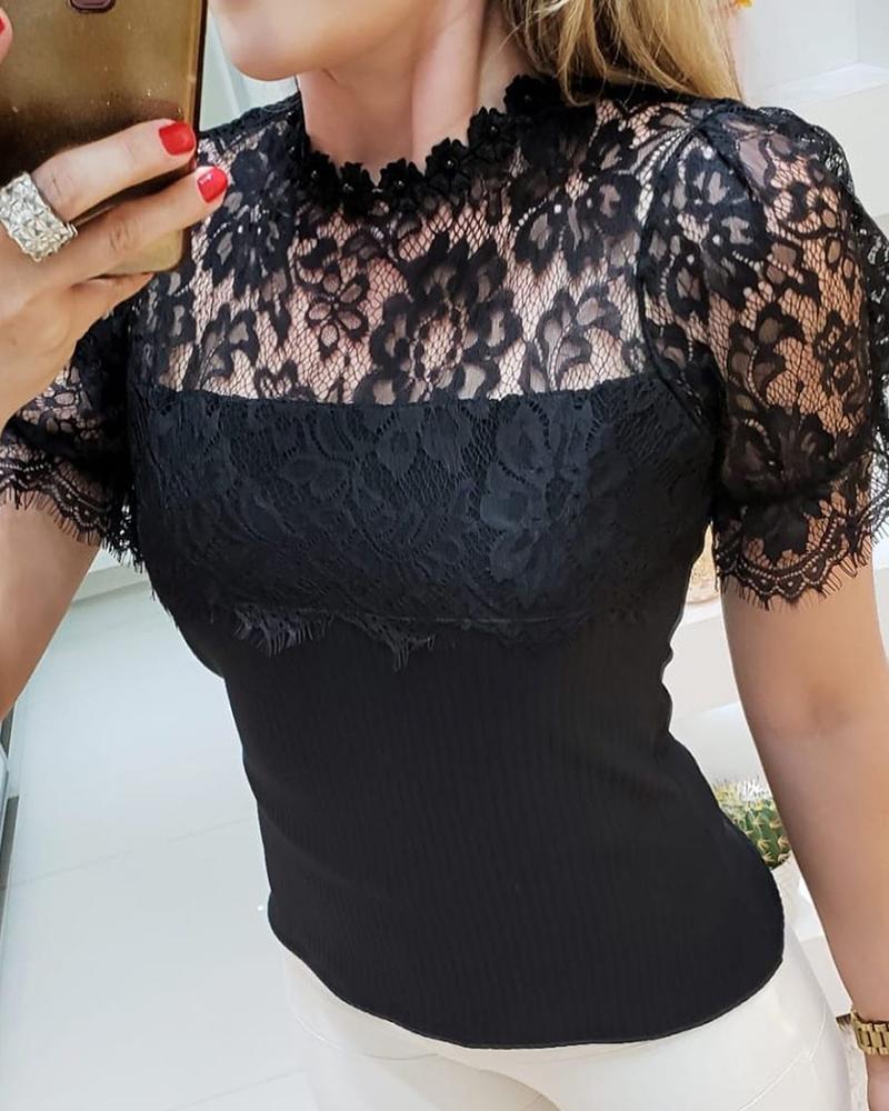

Solid Lace Insert Rib Top, Black