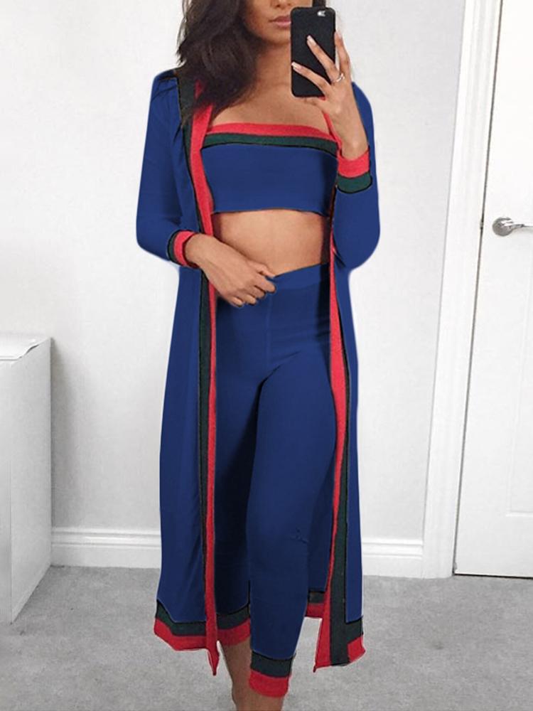 

3PCS Striped Tape Crop Top & Pants With Coat Sets