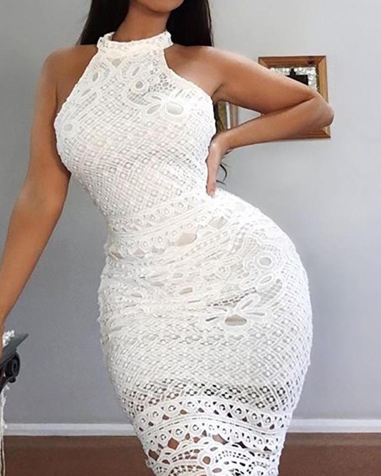 

Halter Hollow Out Sleeveless Lace Dress, White
