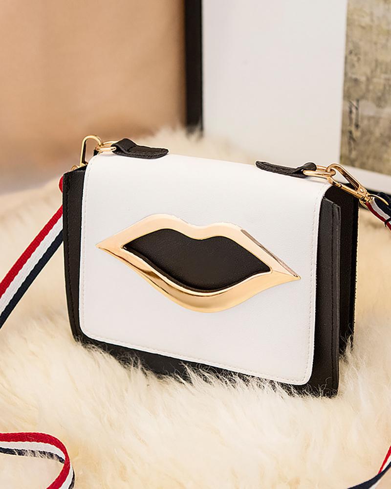 

Lip Pattern Colorblock Strap Crossbody Bag, Black