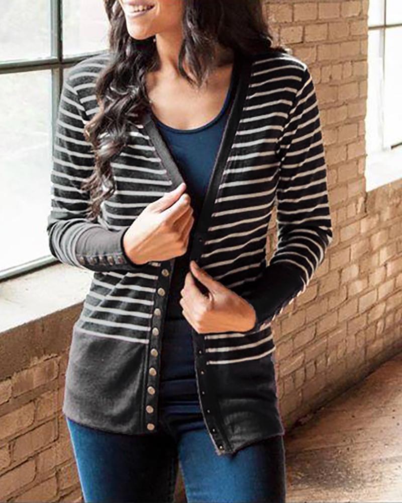 

Contrast Binding Striped Buttoned Cardigan, Gray