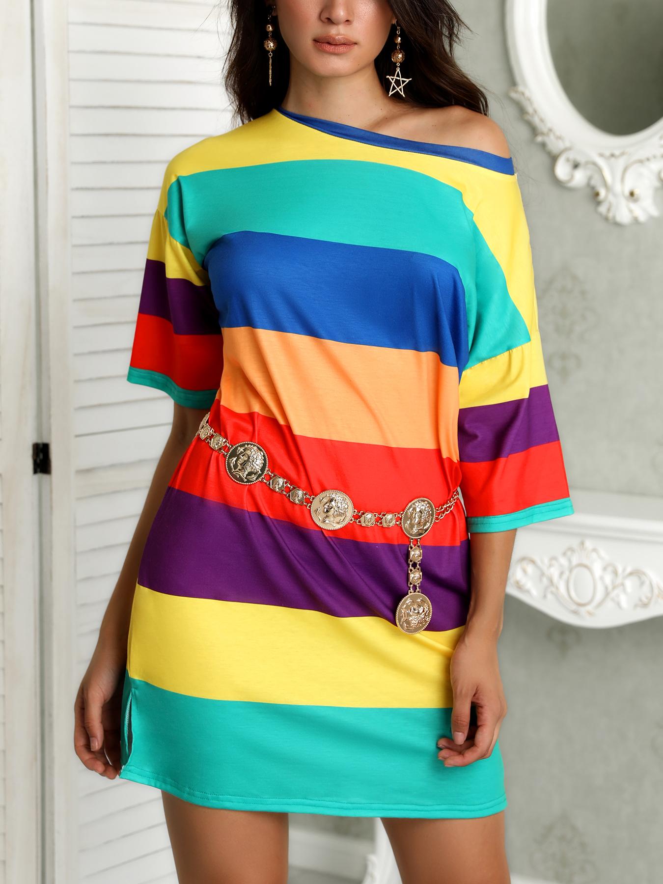 

Rainbow Color Striped Casual Dress, Multicolor
