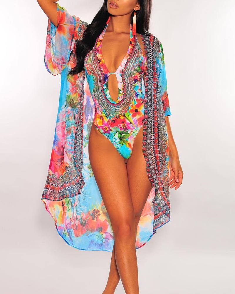 

Floral Print One Piece Swimwear With Cover Up, Multicolor