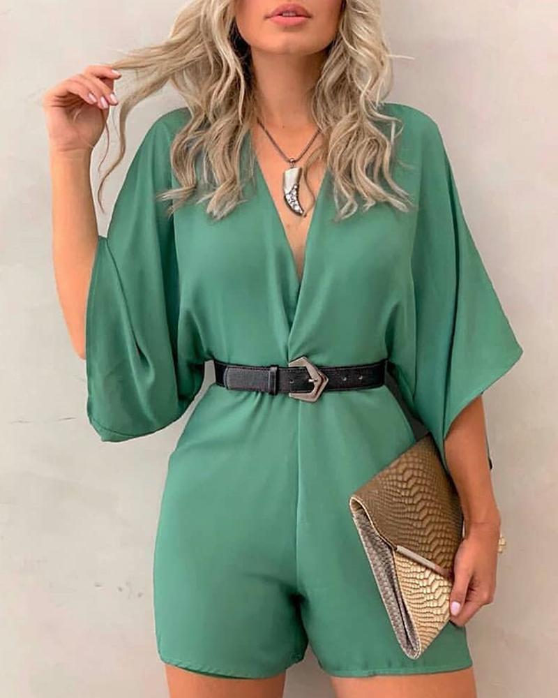 

Solid V-Neck Three Quarter Sleeve Casual Romper, Green