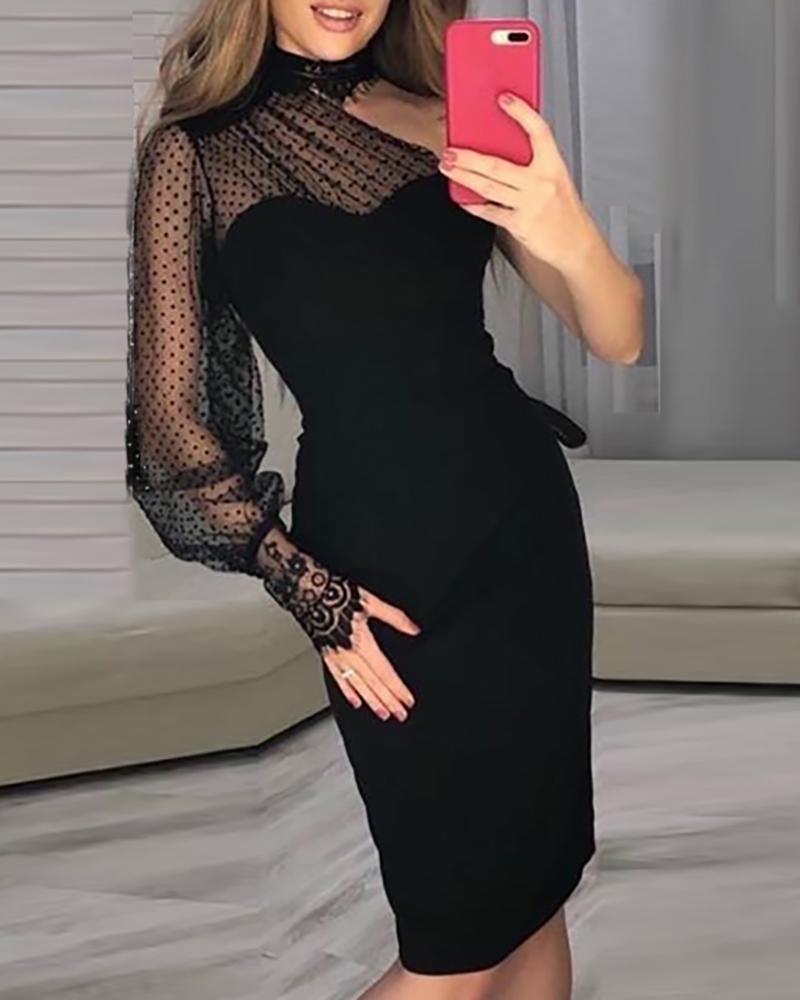

One Shoulder Mesh Dot Lace Midi Dress, Black