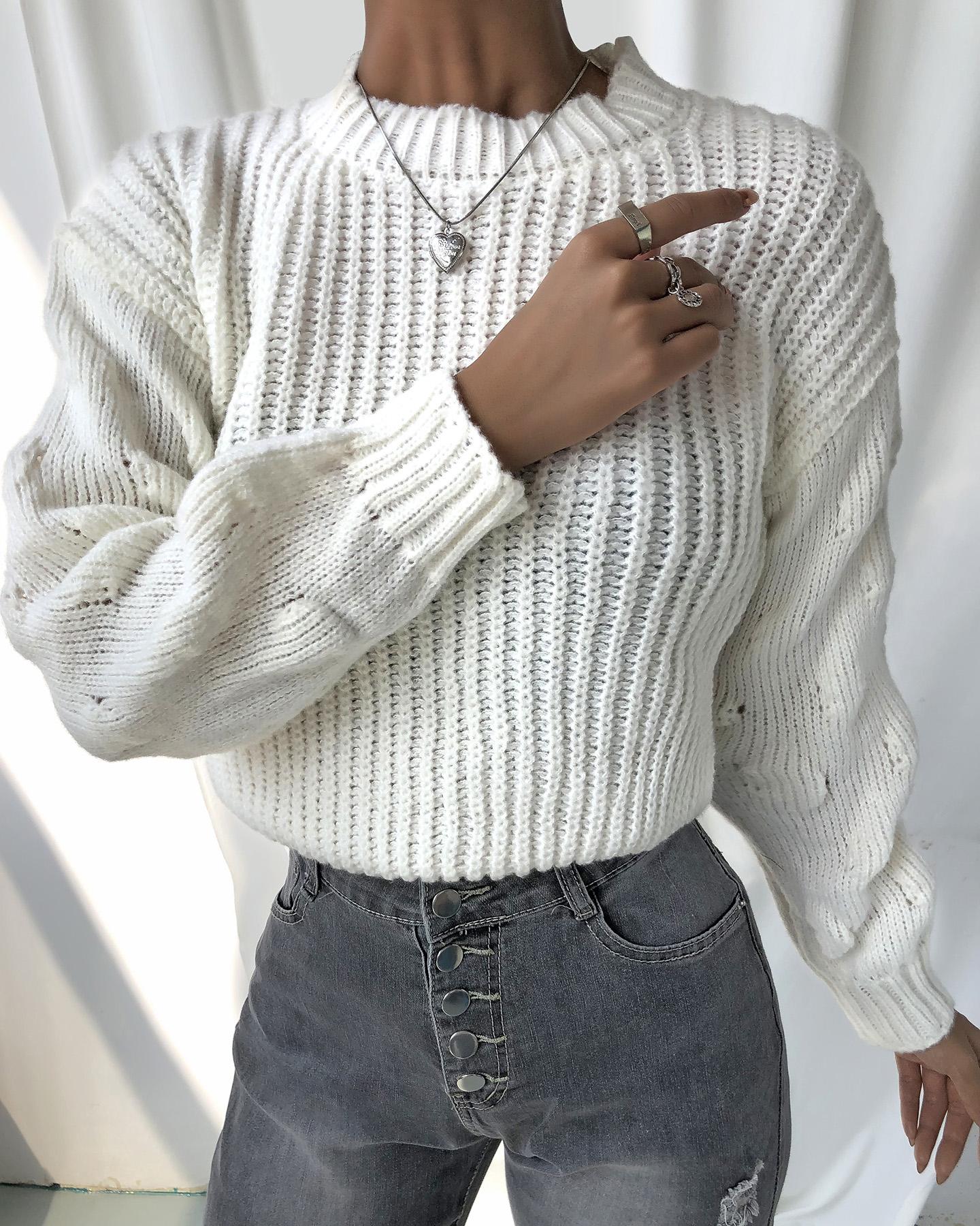 

Lantern Sleeve Braided Sweater, White