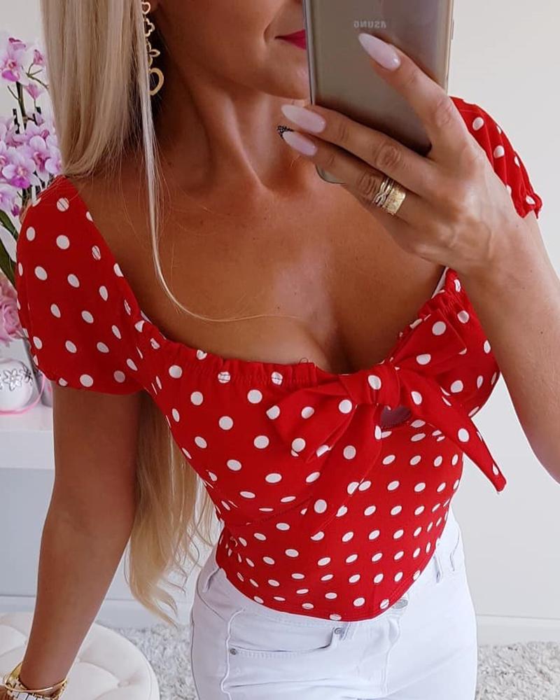 

Dot Print Tied Detail Casual Top, Red