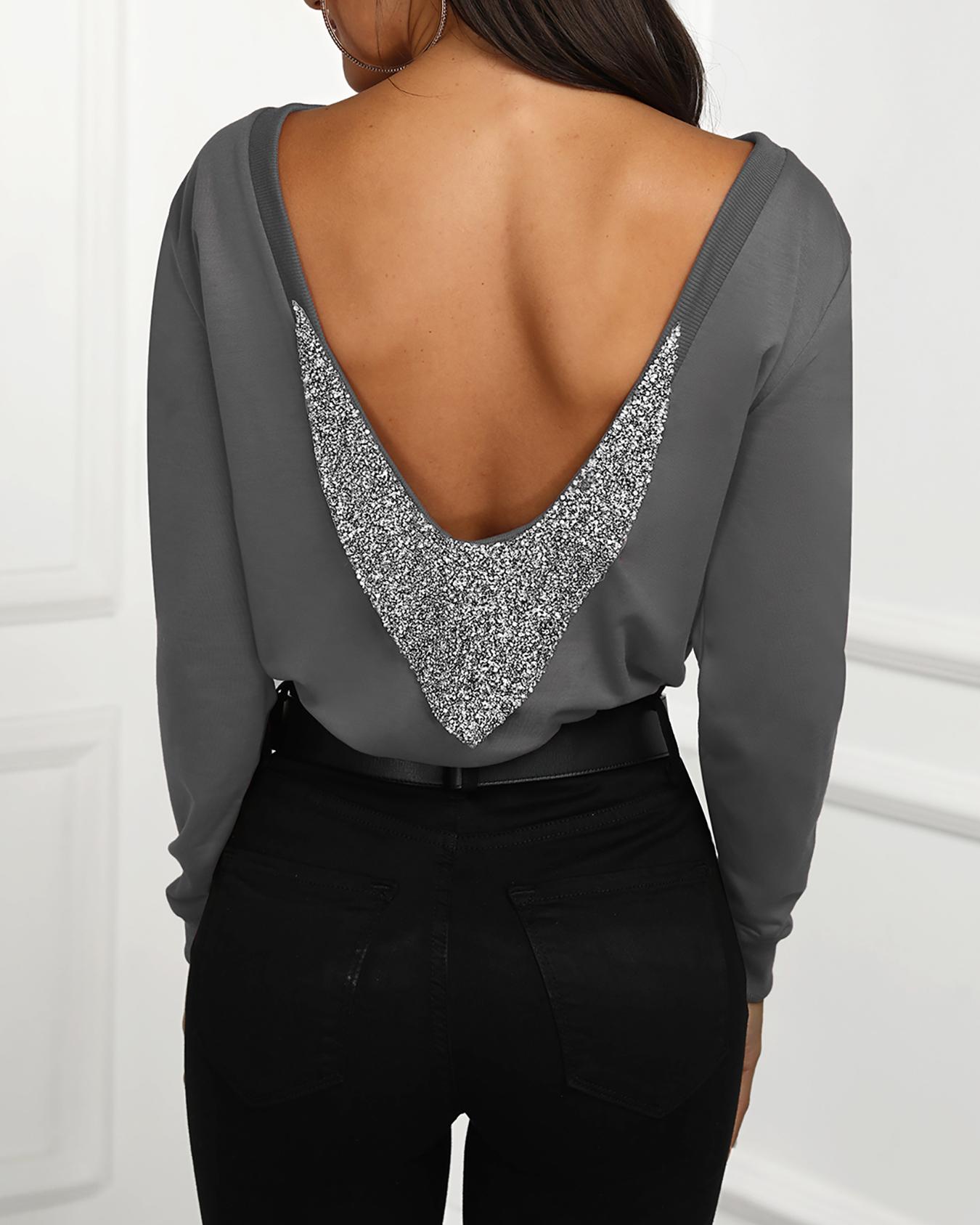 

Shiny Sequins Embellished Open Back Blouse, Gray