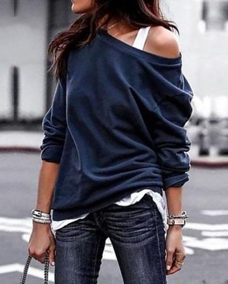 

Solid Skew Neck Long Sleeve Casual T-Shirt, Purplish blue