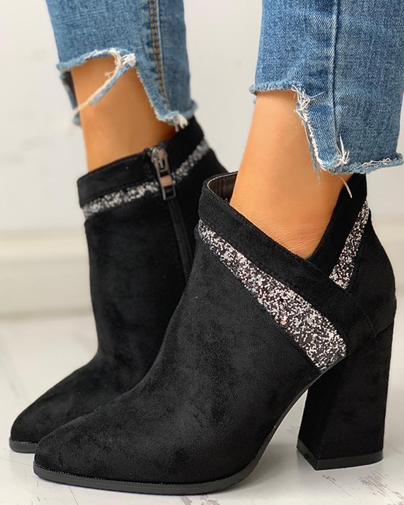

Point Toe Suede Sequin Insert Chunky Boot, Black