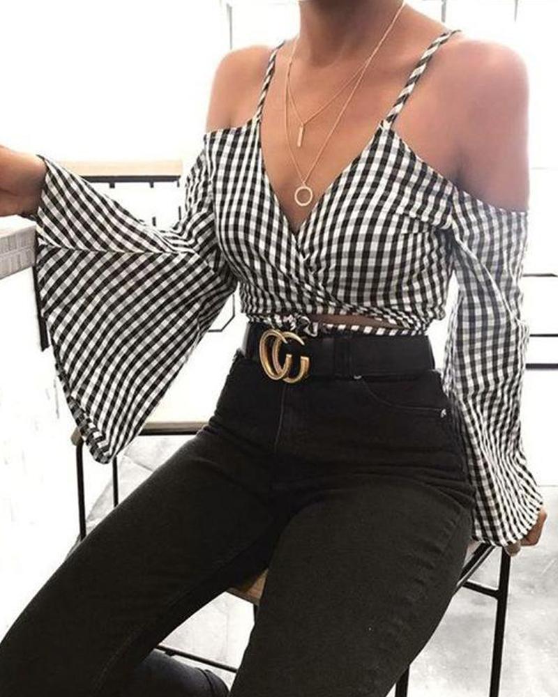 

Grid Print Cold Shoulder Top, Black&white