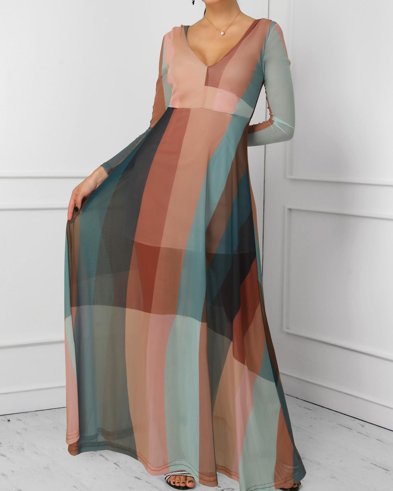 

Color Block Splicing Plunge Neck Maxi Dress, Multicolor