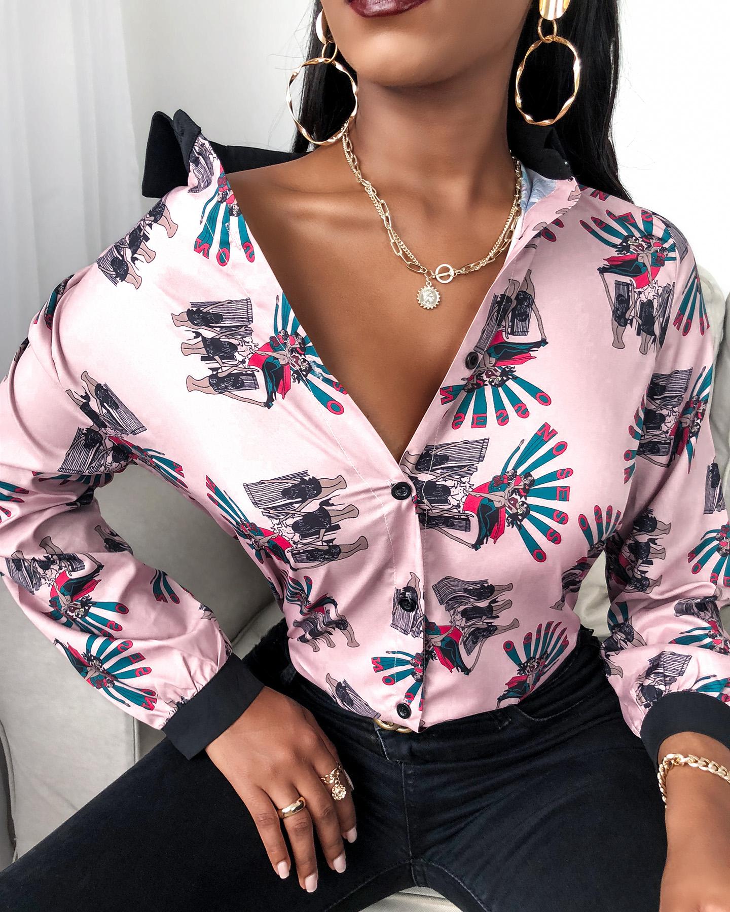 

Graphic Print Button Design Long Sleeve Shirt, Pink