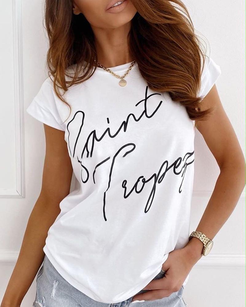 

Letter Print Round Neck Casual T-shirt, White