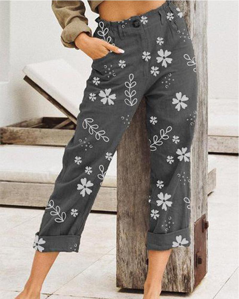 

Floral Button Front Pants, Black