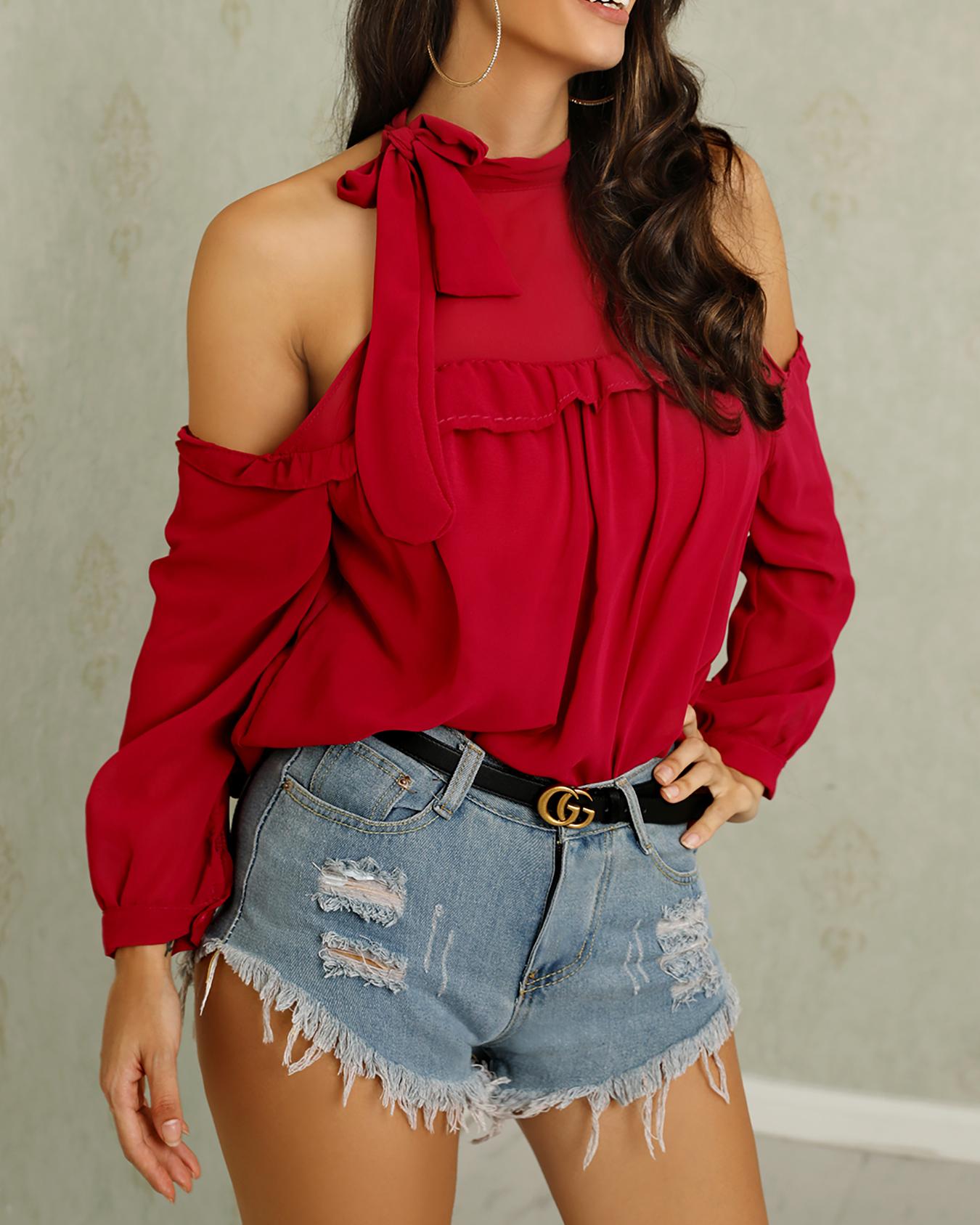 

Tied Neck Cold Shoulder Frills Chiffon Blouse, Hot pink