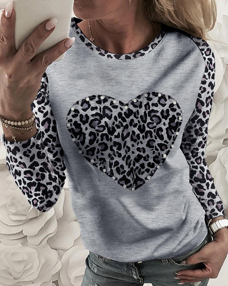 

Cheetah Heart Print Long Sleeve Top, Black