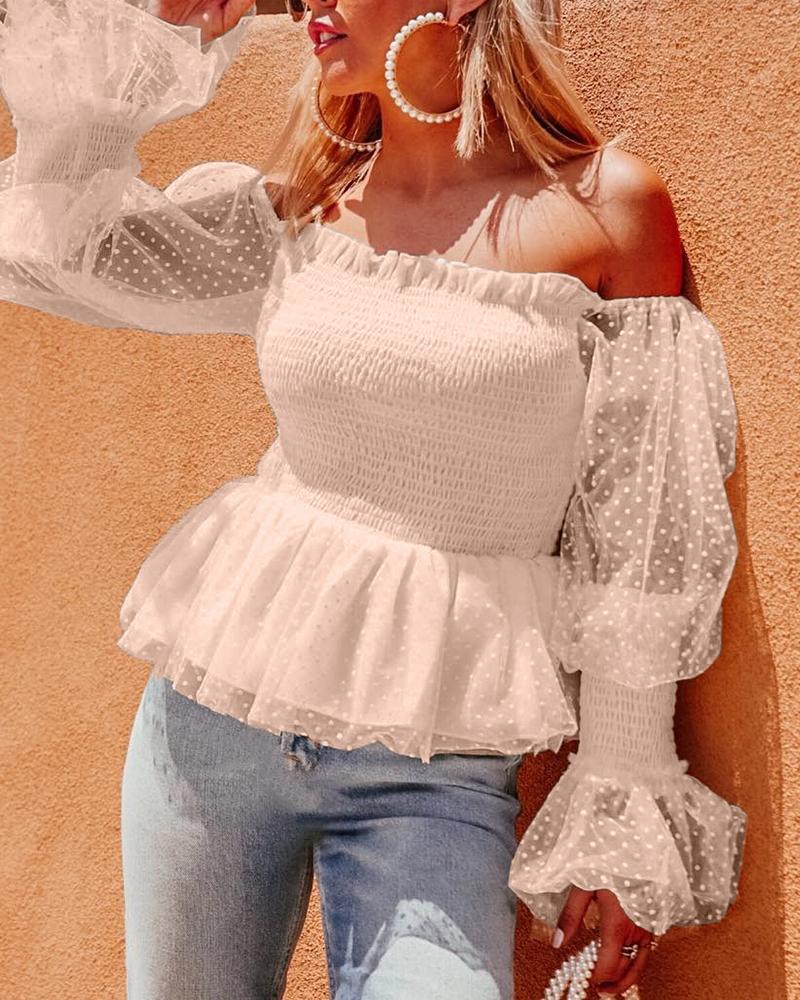 

Off Shoulder Sheer Mesh Lantern Sleeve Blouse, Apricot