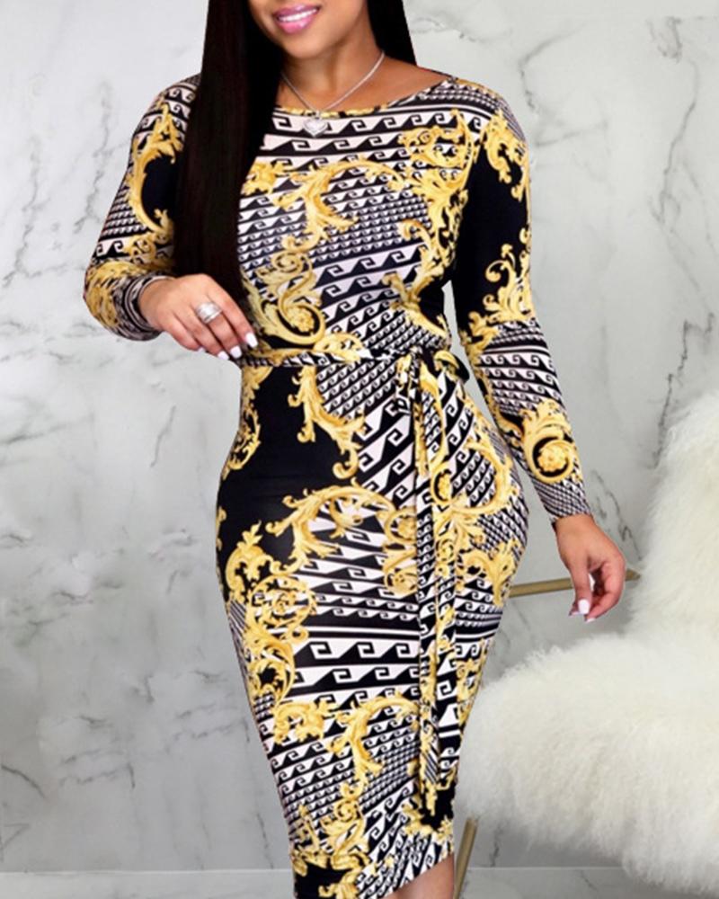 

Baroque Print Long Sleeve MidiDress
