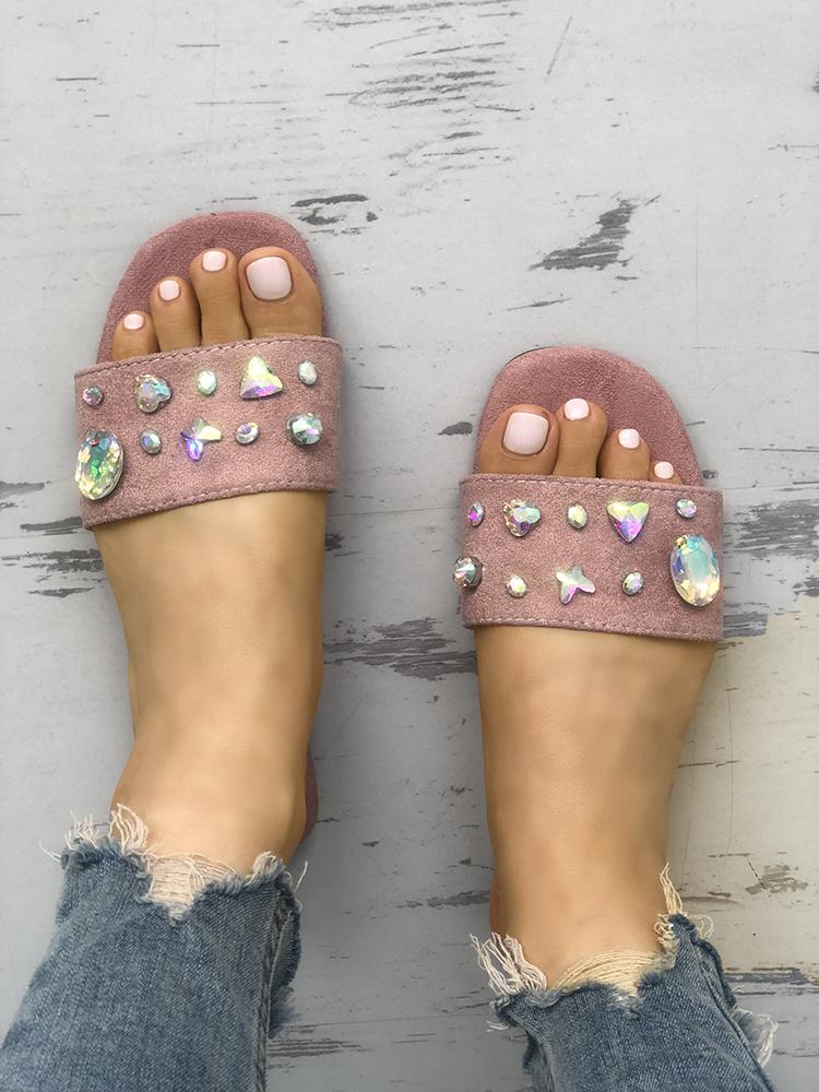 

Shiny Embellished Peep Toe Flat Sandals