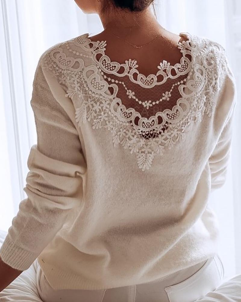 

Round Neck Long Sleeve Lace Insert Knitting Sweater, Beige