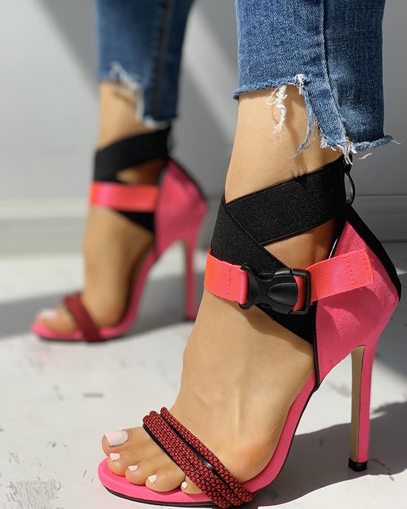 

Colorblock Bandage Push Buckle Thin Heeled Sandals, Hot pink