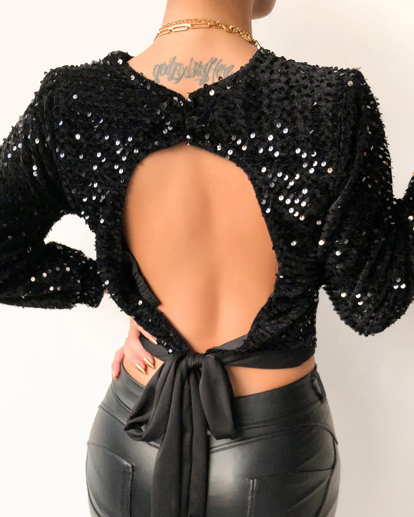 

Sequins Long Sleeve Backless Top, Black