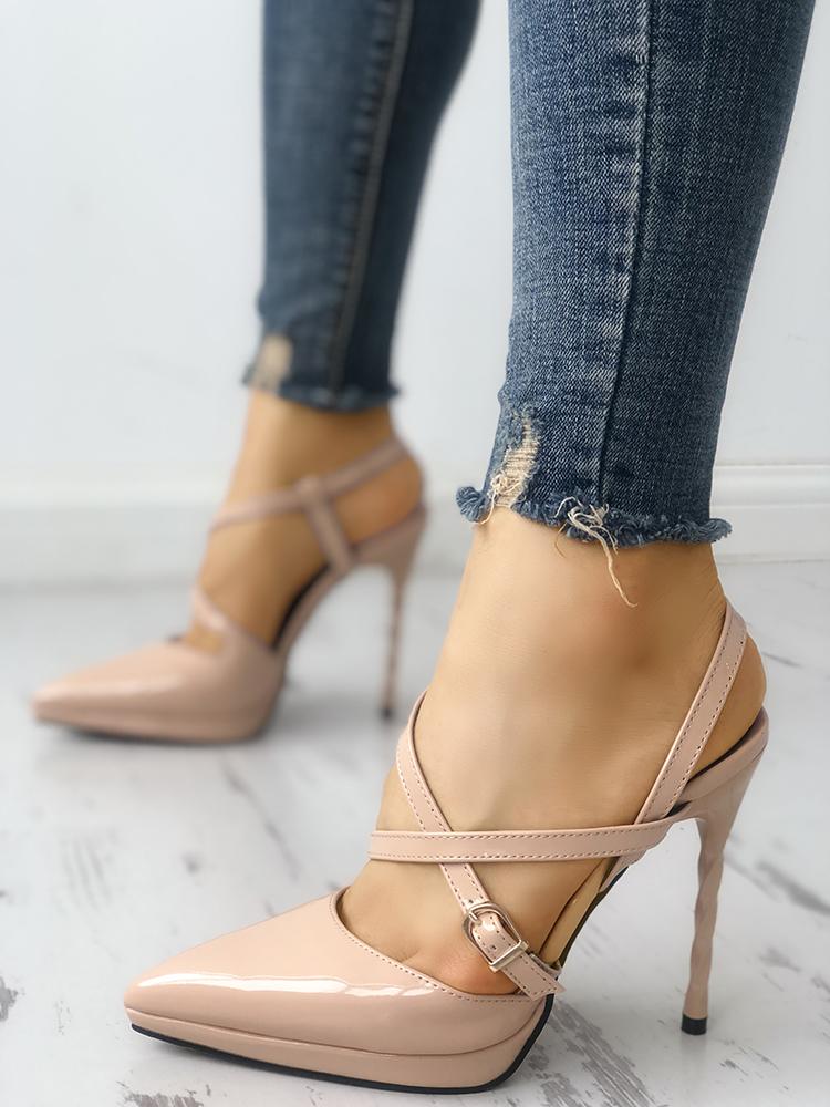 

Crisscross Buckled Pointed Toe Thin Heeled Sandals, Apricot