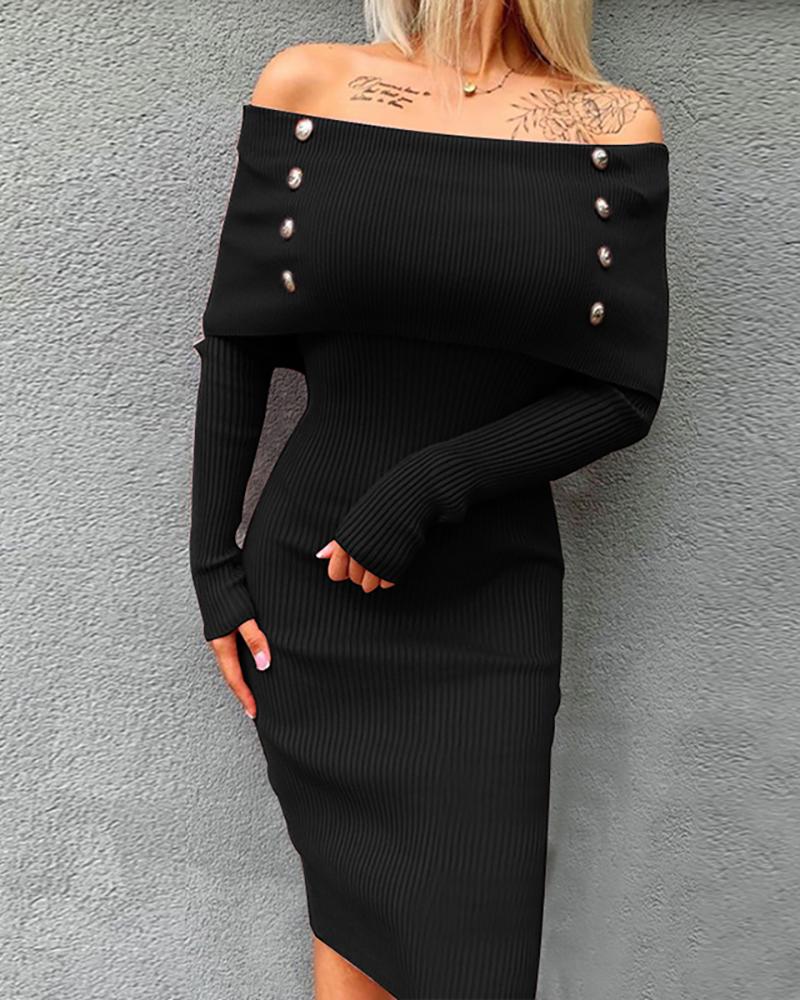 

Off Shoulder Plain Ribbed Bodycon Dress, Black