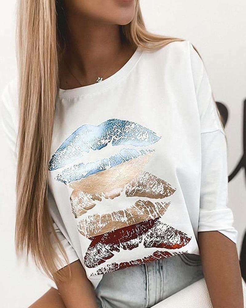 

Lips Print Long Sleeve T-shirt, White