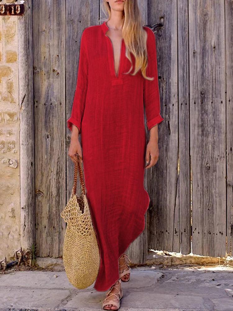 

Solid Long Sleeve Plunge Slit Side Maxi Dress, Red