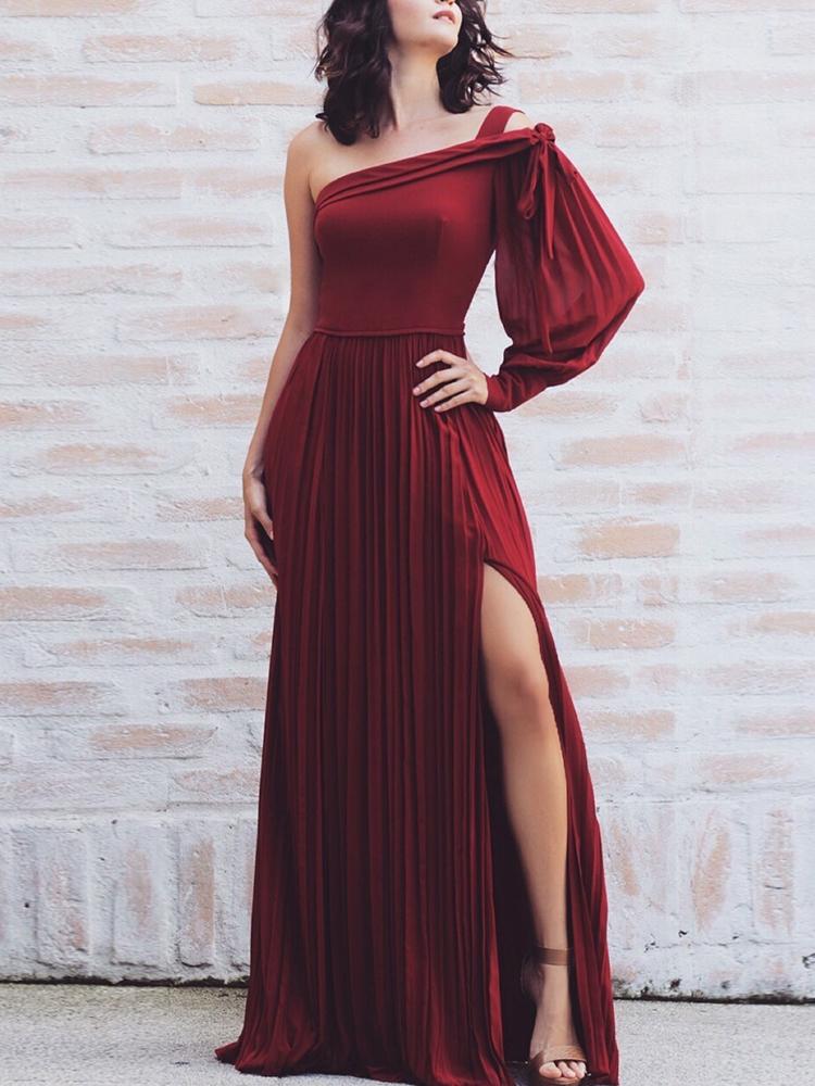 

Solid One Shoulder Slit Pleated Evening Dress