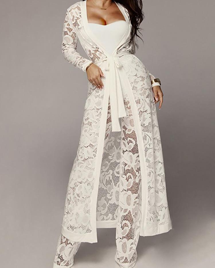 

Lace Tie Waist Cardigan & Pants With Strapless Top Sets, White