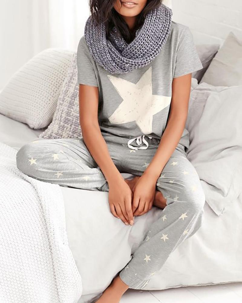 

Star Print Short Sleeve Pajamas Set, Light gray